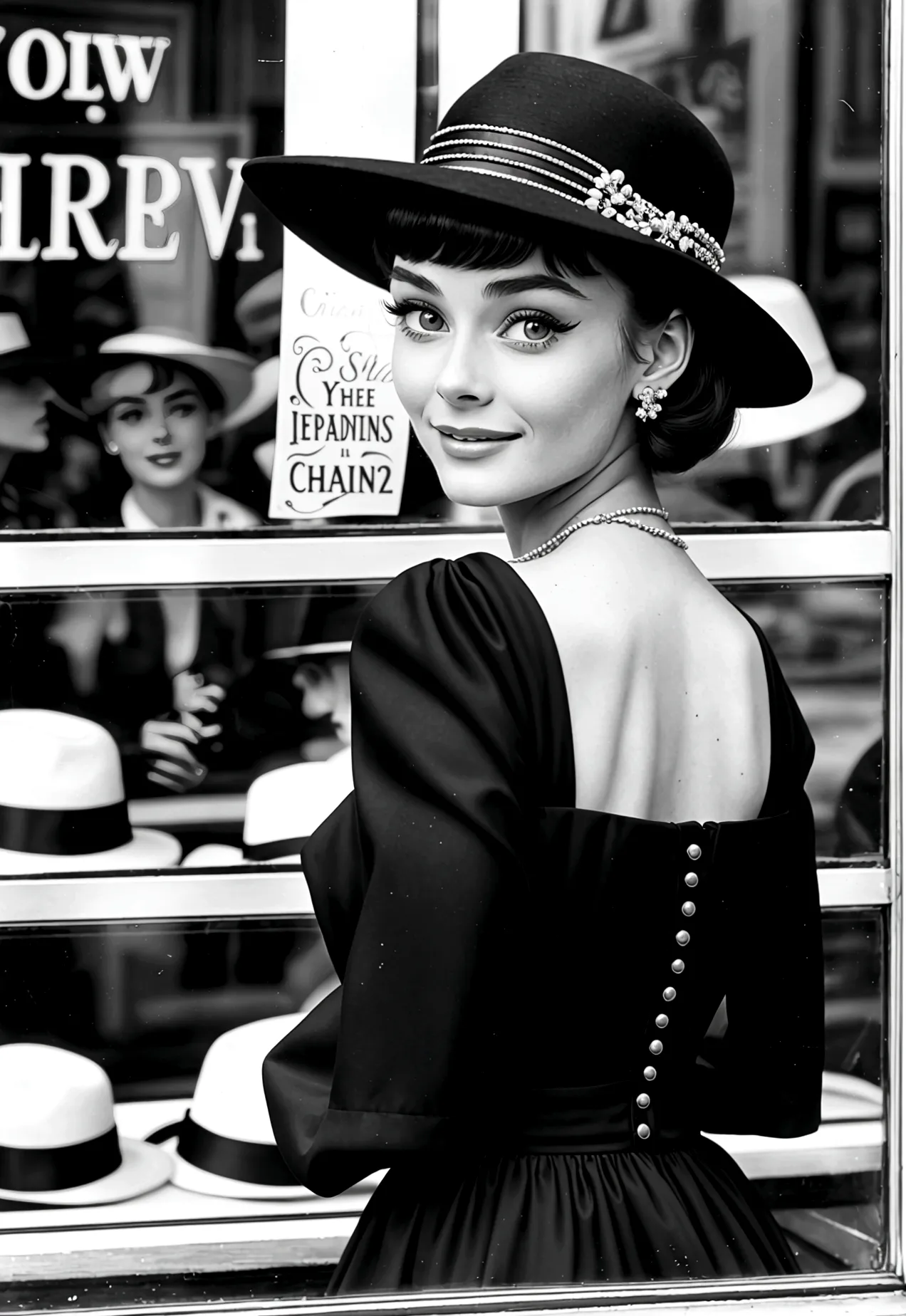 Photograph of a 20-year-old woman who looks like Audrey Hepburn looking at hats in a hat shop window, pelo corto y oscuro, ojos ...