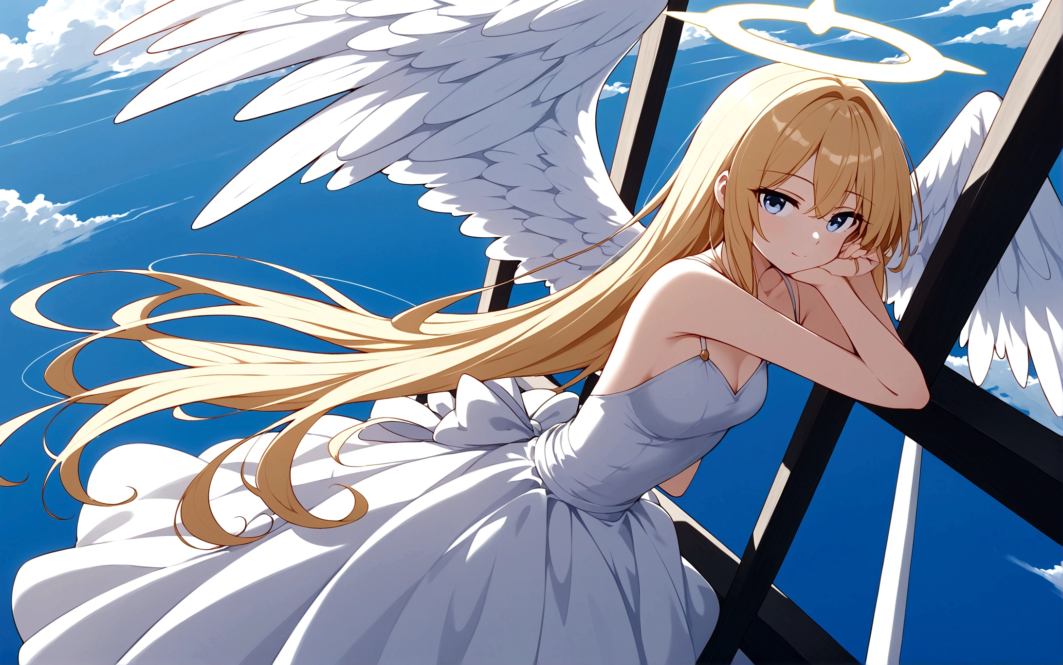 A very beautiful girl\(Silver long hair, Wide back white dress,(There are beautiful big angel wings on the chest),Very beautiful shiny halo\), Happening Under the Clouds, rest ,quality\(8K,Extremely detailed CG unit wallpaper, masterpiece,high resolution,top-quality,top-quality real texture skin,Surrealism,提high resolution,original photo,Best quality,Very detailed,wallpaper,light,Ray Tracing,Golden Ratio\),[Not suitable for working hours],Dynamic Angle,[Not suitable for working hours],from above