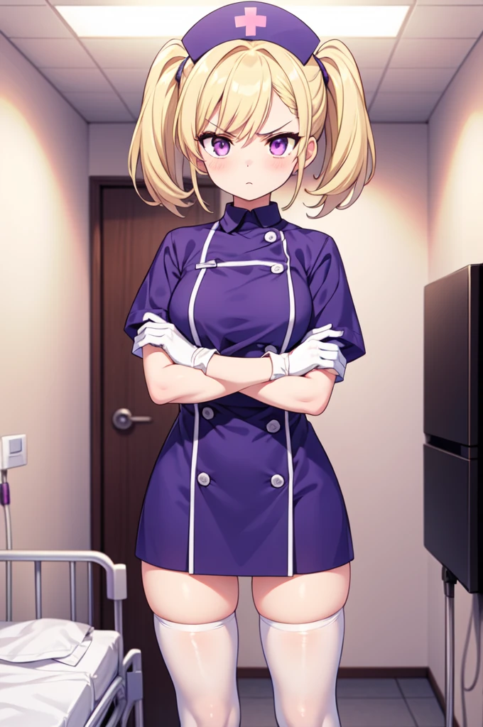 1girl, solo, nurse, nurse cap, white nurse uniform, ((white legwear, zettai ryouiki)), white gloves, twintails, yellow hair, purple eyes, angry, crossed arms, standing, ((hospital room)), sharp outline, short sleeves, best quality, masterpiece