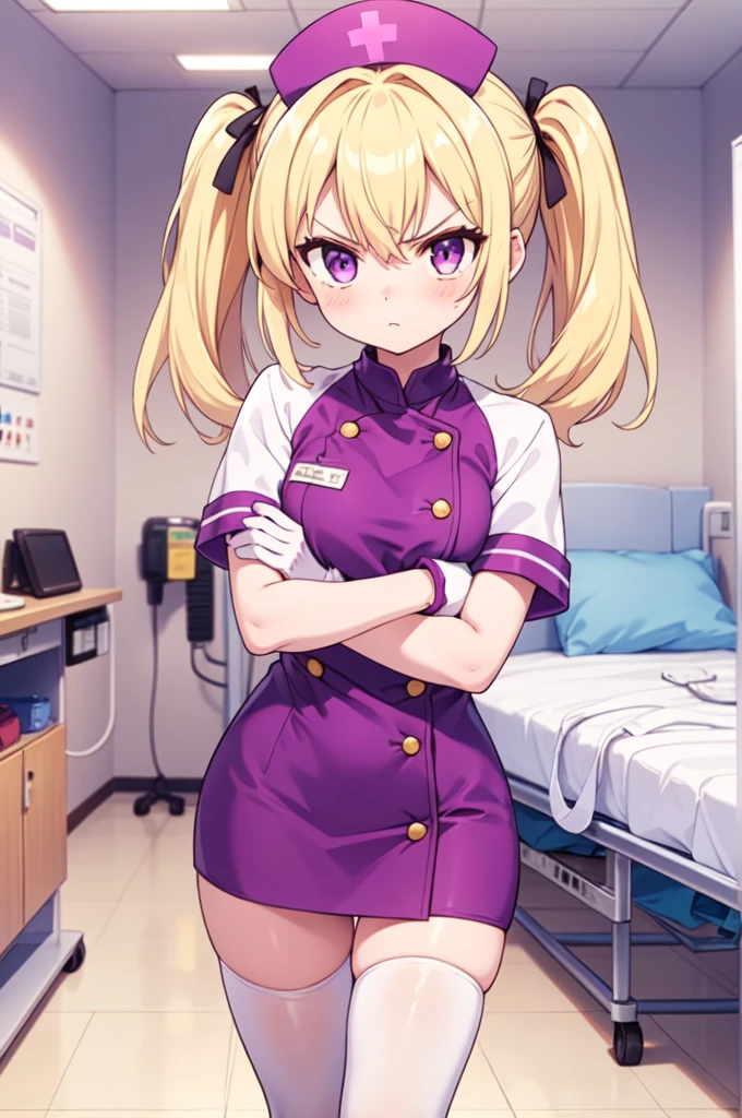 1girl, solo, nurse, nurse cap, white nurse uniform, ((white legwear, zettai ryouiki)), white gloves, twintails, yellow hair, purple eyes, angry, crossed arms, standing, ((hospital room)), sharp outline, short sleeves, best quality, masterpiece