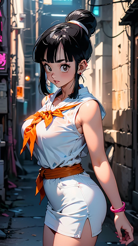 (ultra realistic,32k,RAW photo:1.1),(high detailed skin:1.1), 8k uhd, dslr, high quality, film grain, (makeup, mascara:1.1),(Videl dragon ball :1.4), lips,(thick\lips\), ,(Cyberpunk ruined dungeon ruins alley background :1.4 ), (miniskirt white :1.4), (medias blancas brillantes/pantys:1.4),(japanese white kimono :1.4), 
(shiny glossy translucent clothing:1.4 ), dragon ball, bbchichi, single hair bun, hair bun, (blunt bangs:1.4) , sidelocks, black eyes, earrings,( orange neckerchief:1.4) , orange scarf, purple dress, sleeveless, bracelet, huge breast, 
(looking at viewer, portrait:1.1),, 
 (busty:1.1) ,  (chubby:0.1),(soft shaded neon light:1.1),dark theme, A very clean and well organized contemporary place, (dynamic cowboy pose), (perfect anatomy :1.4), (Videl dragon ball V2.1), ,( ciberpunk 2.1),( mini skirt white :1.4