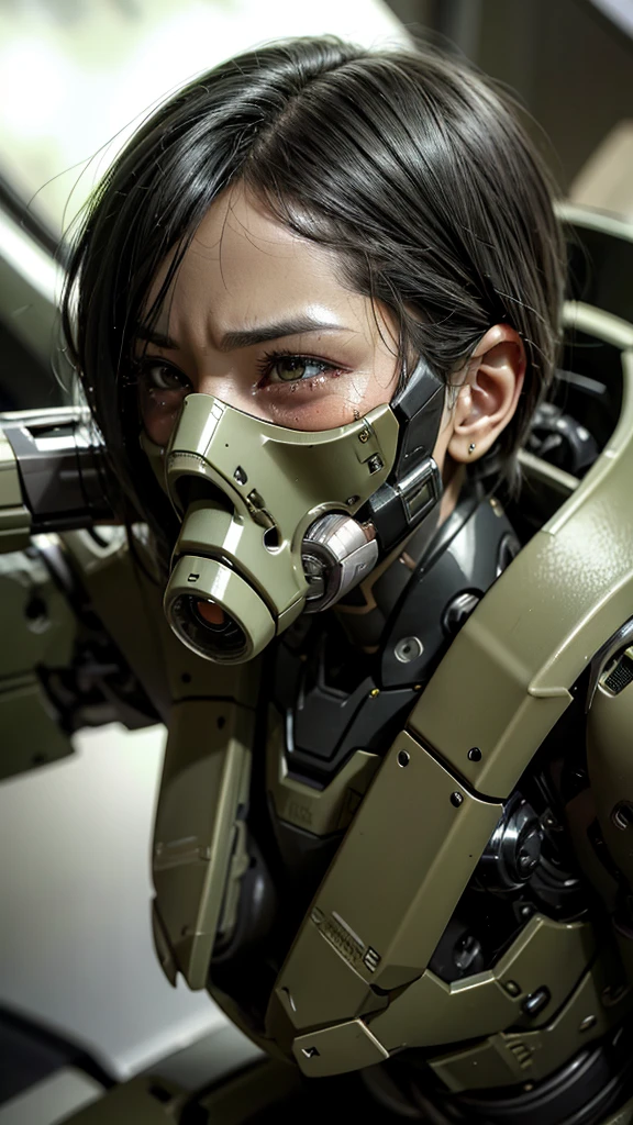 最high quality非常に詳細, Advanced Details, high quality, 最high quality, High resolution, 1080p, hard disk, beautiful,(War Machine),(Snug-fitting headgear),See the big picture,beautifulサイボーグ女性,Dark Green Mecha Cyborg Girl,Battle Mode,Mecha Body Girl　8k dark green body armor　Middle-aged women　Sweaty face　Droopy eyes　short hair　Gas mask with extension nozzle　boyish　Steam coming out of my head　My hair is wet with sweat　Black Hair, Steam coming out of the mouth　Lying in bed　The skin under the face is not exposed　Full body portrait　I can see the vagina　Sobbing　Horror Front