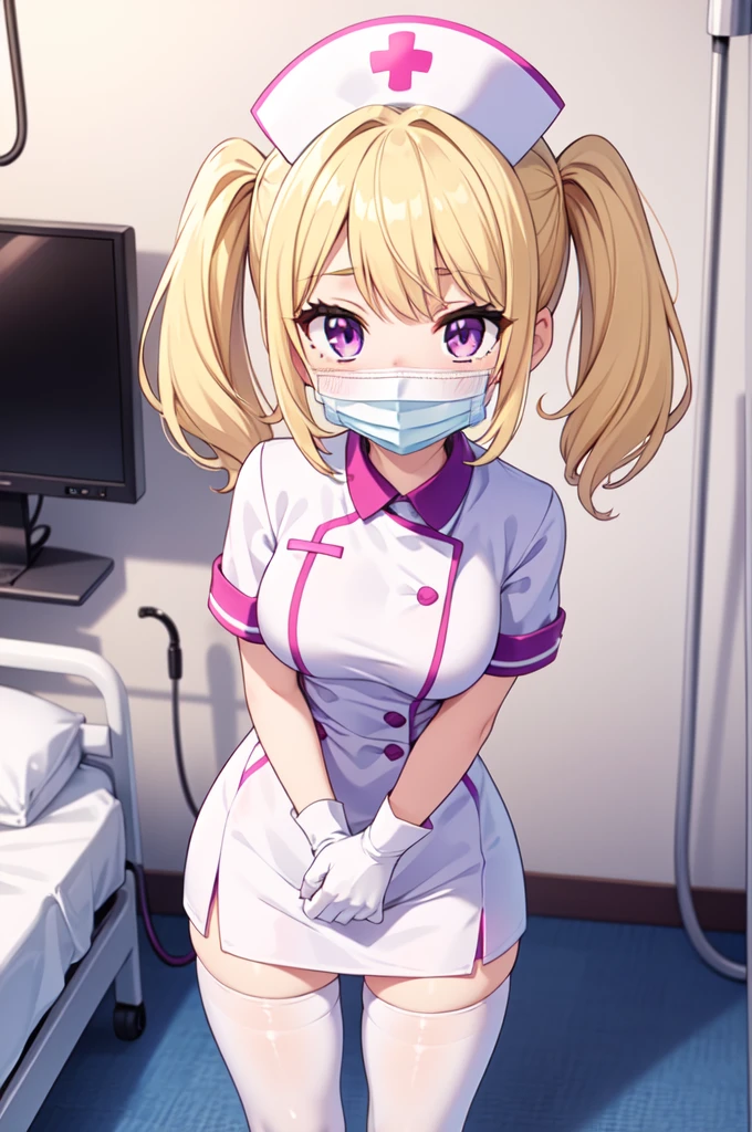 1girl, solo, nurse, nurse cap, white nurse uniform, ((white legwear, zettai ryouiki)), white gloves, twintails, yellow hair, purple eyes, ((white surgical mask, covered nose)), standing, ((hospital room)), sharp outline, short sleeves, best quality, masterpiece