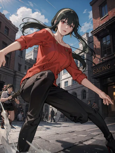 action pose, battle scenes:1.5, (yor forger), red eyes, black skirt, red off shoulder sweater, (big breasts), morning, ((fightin...