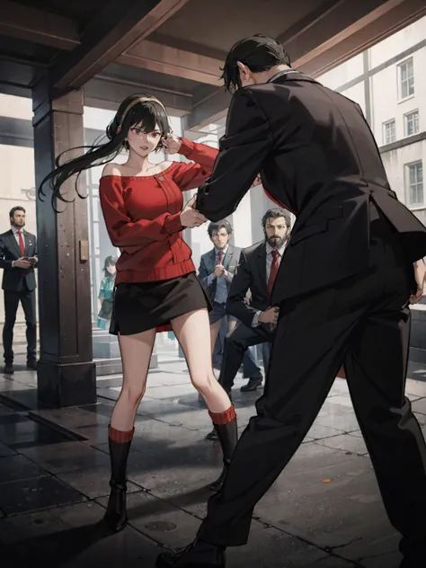 action pose, battle scenes:1.5, (yor forger), red eyes, black skirt, red off shoulder sweater, (big breasts), morning, ((fightin...