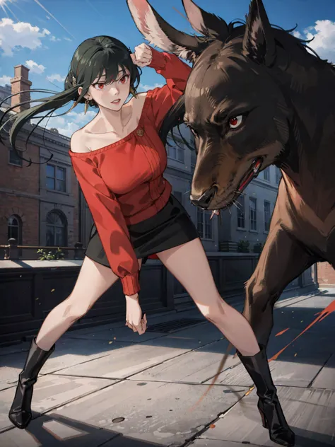 action pose, battle scenes:1.5, (yor forger), red eyes, black skirt, red off shoulder sweater, (big breasts), morning, ((fightin...