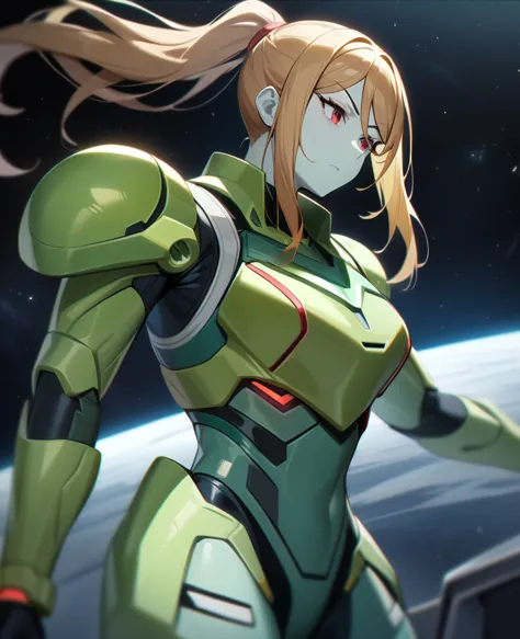 1girl,samus aran,solo,red eyes,((brown hair)),green power armor,ponytail,((pale green skin)),green chest armor,cowboy shot,in sp...