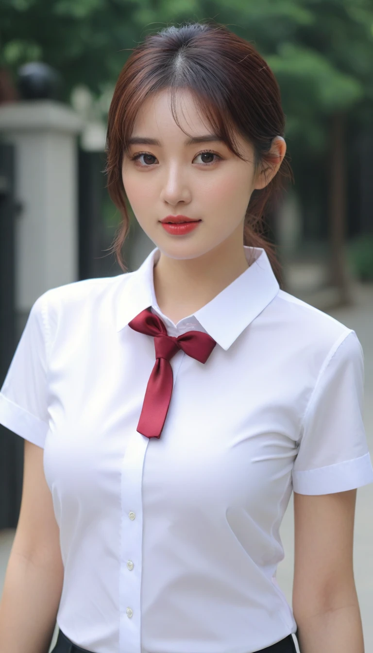 close-up da linda mulher coreana, Tamanho dos seios de 34 polegadas, vestindo uma camisa branca de manga curta com gravata vermelha, parado na frente do portão, fundo bokeh, Ultra HD 