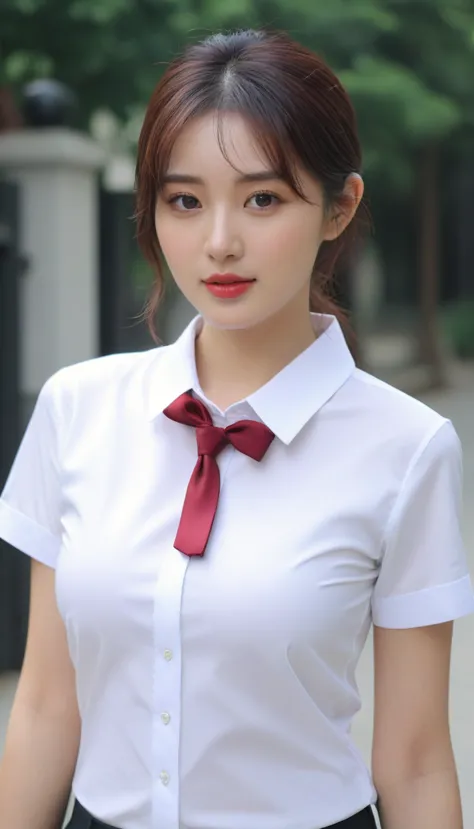 close-up of beautiful korean female, 34 inch breasts size, wearing a white short sleeve collar shirt with red necktie, standing ...