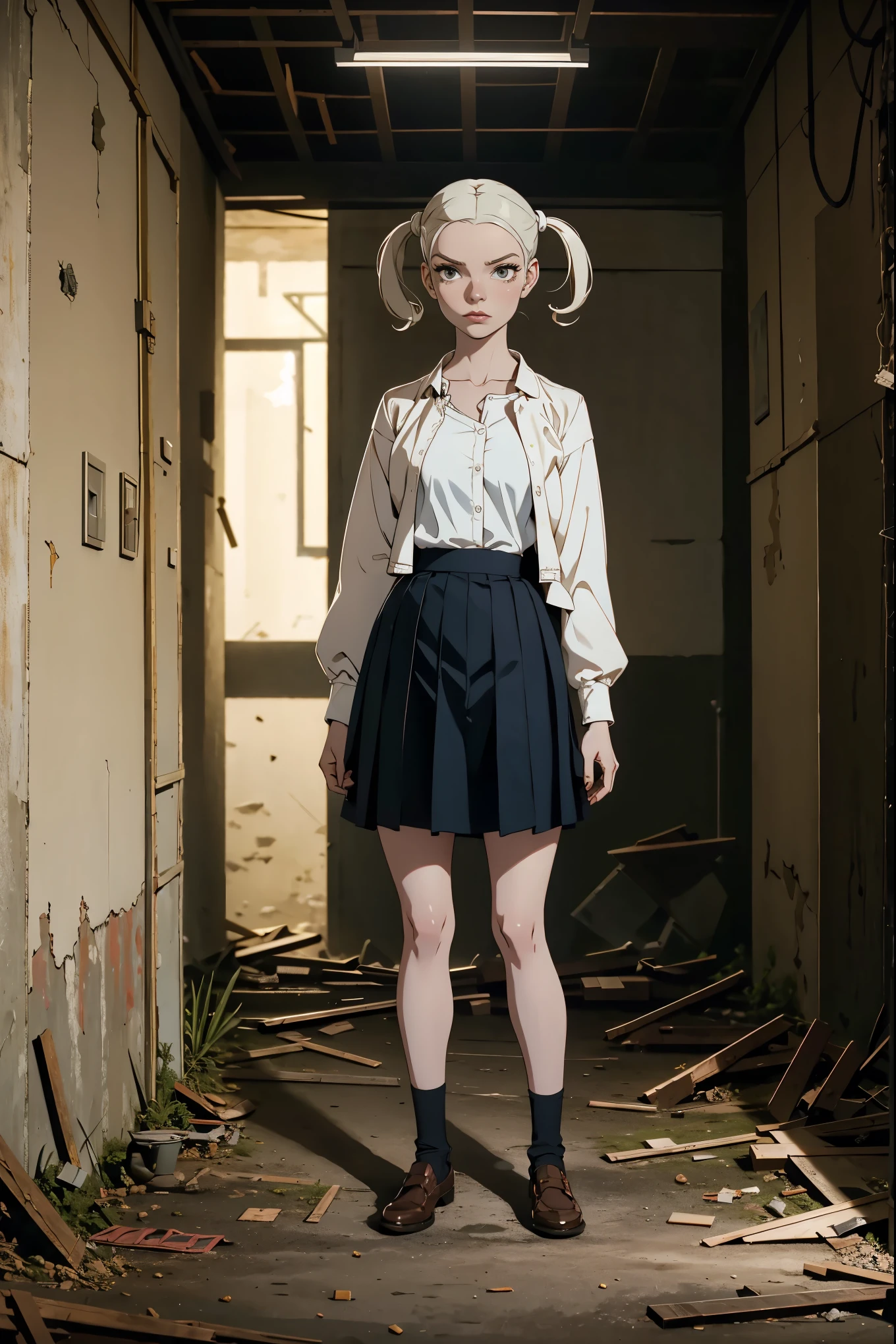 1 girl, Red-Haired, freckled face, freckles on the face, Rosy, 1 girl, standing alone, full body view, pigtails corte de cabelo,pale skin,big bust,comely, chemise, jaket, tight skirt, blackstockings, black high heel shoes, ((in an old abandoned basement))
