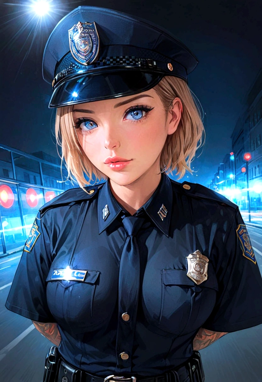 Laurence bedard in a police uniform holding a cell phone, wearing a police uniform, police officer, police lights shine on her face, brave police j decker face, officer, bodycam, police uniform, full body camera shot, in black uniform, bodycam footage, sparkling-eyes, perfect-eyes, full-lips, perfect-lips, stunningly-beautiful, high-saturation, 35mm-raw-photo, dynamic-composition, intense-expressions, police officer hit, (brave police j decker), cop, police