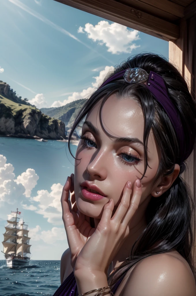 masterpiece, best quality, extremely detailed, hyperrealistic:1.1, photorealistic, a beautiful 20s russian model, ultra detailed face:1.1, purple dress, hair band, black hair, x-arms:1.3, eye closed:1.3, dynamic angle, on detailed yacht, sea
