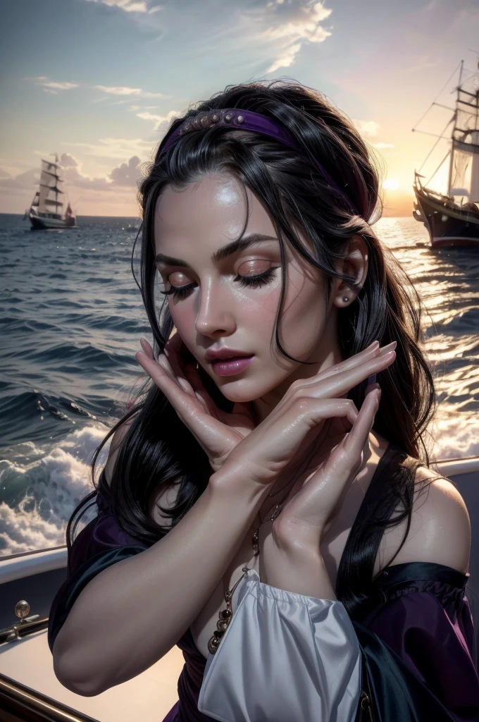 masterpiece, best quality, extremely detailed, hyperrealistic:1.1, photorealistic, a beautiful 20s russian model, ultra detailed face:1.1, purple dress, hair band, black hair, x-arms:1.3, eye closed:1.3, dynamic angle, on detailed yacht, sea
