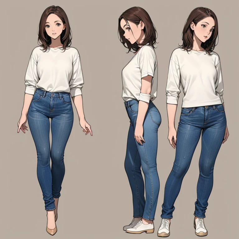 ficha de personagem detalhada, vista frontal, vista lateral, vista diagonal, with a white retornarground, mostrar mulheres, 30 anos de idade, with short dark brown hair combed retornar, Usar roupas leves e casuais, Vestindo jeans apertados. O assento inclui diferentes ângulos, Frente etc.., retornar, and vista laterals, Folhas de modelo e folhas de referência, Pintura de corpo inteiro. As proporções são baseadas em 7.escala de 5 cabeças.