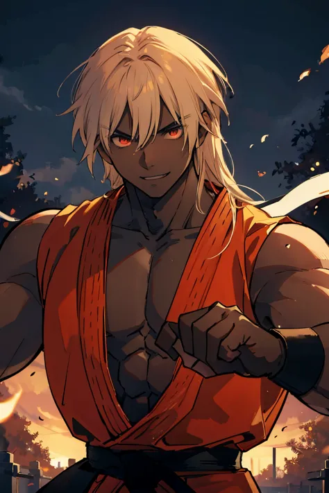 dark skin, kenalpha, 1boy, male focus, orange hair, long hair, muscular, gloves, fingerless gloves, pectorals, martial arts belt...