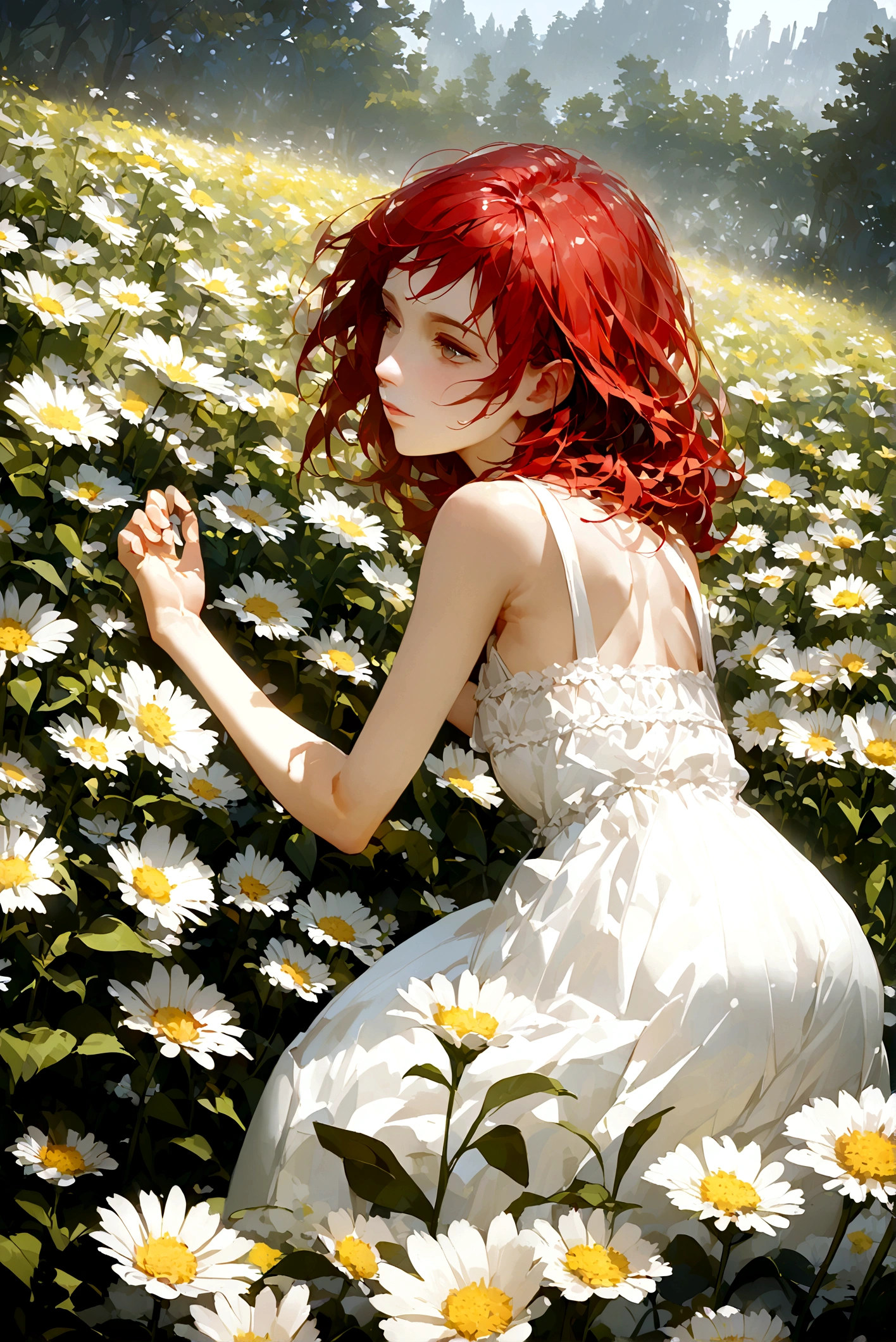 Please make me a red headed women with a sheer sundress in a field of flowers. I would like it to be sunny out and for the sheer sundress and flowers to be white.