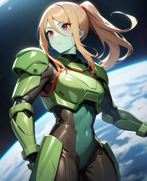 1girl,samus aran,solo,red eyes,((brown hair)),green power armor,ponytail,((pale green skin)),green chest armor,cowboy shot,in sp...