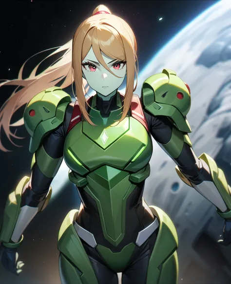 1girl,samus aran,solo,red eyes,((brown hair)),green power armor,ponytail,((pale green skin)),green chest armor,cowboy shot,in sp...