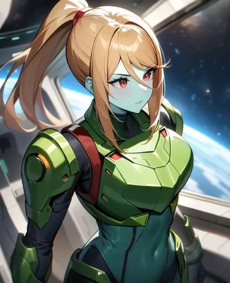 1girl,samus aran,solo,red eyes,((brown hair)),green power armor,ponytail,((pale green skin)),green chest armor,cowboy shot,in sp...