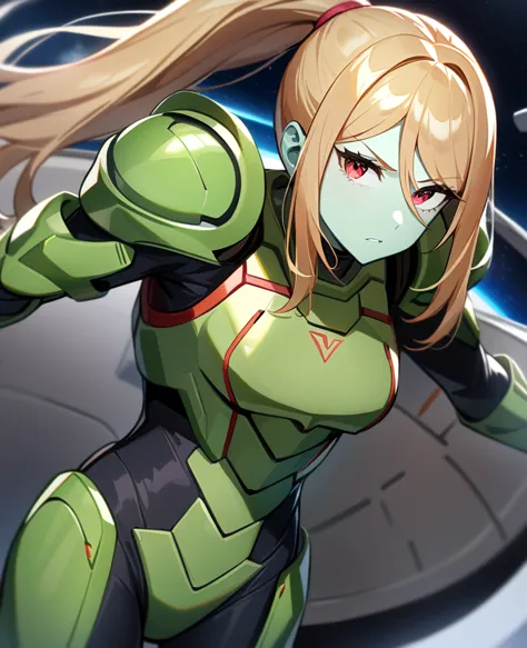 1girl,samus aran,solo,red eyes,((brown hair)),green power armor,ponytail,((pale green skin)),green chest armor,cowboy shot,in sp...