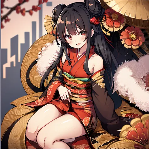 Highest quality、High quality illustrations、1 Japanese Girl、Red kimono、Black-haired、Straight Bangs、So cute、White Background、Upper...