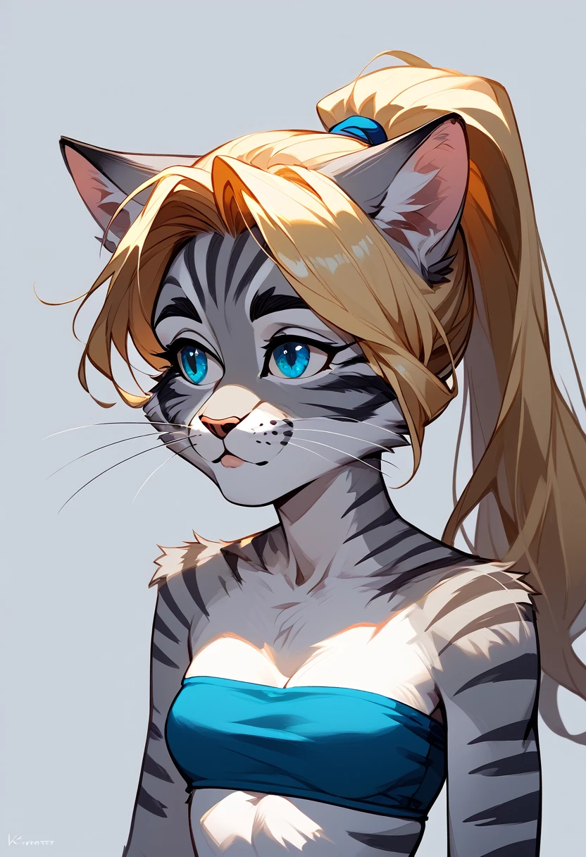 score_9, score_8_up, score_7_up Anthro furry cat girl, handsomize, Kat, silver furry body, grey striped body, blonde hair, blue eyes, hair in a ponytail, wearing blue bandeau, upper body shot, portrait, simple grey background, 