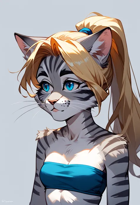 score_9, score_8_up, score_7_up anthro furry cat girl, handsomize, kat, silver furry body, grey striped body, blonde hair, blue ...