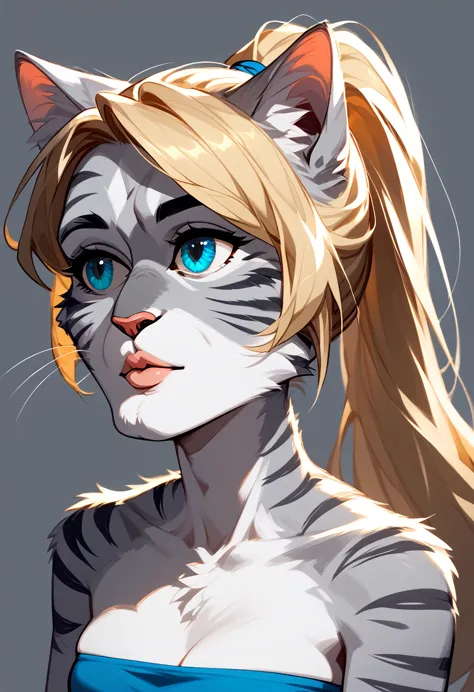 score_9, score_8_up, score_7_up anthro furry cat girl, handsomize, kat, silver furry body, grey striped body, blonde hair, blue ...