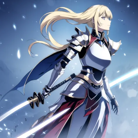 Blonde girl, blue eyes, armor, katana, smiling, alone, seen from further away 