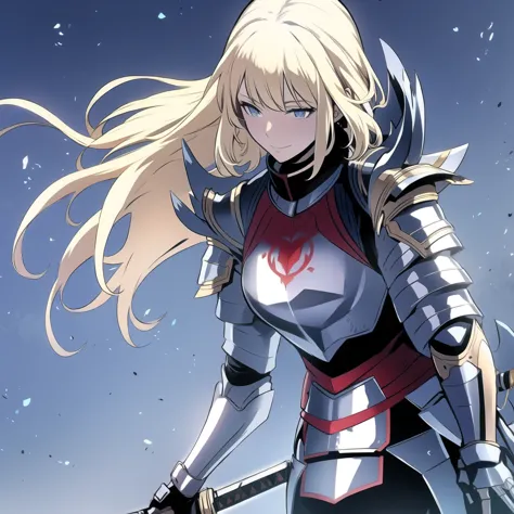Blonde girl, blue eyes, armor, katana, smiling, alone, seen from further away 