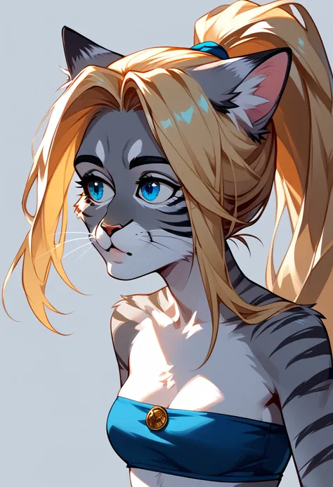 score_9, score_8_up, score_7_up anthro furry cat girl, handsomize, kat, silver furry body, grey striped body, blonde hair, blue ...