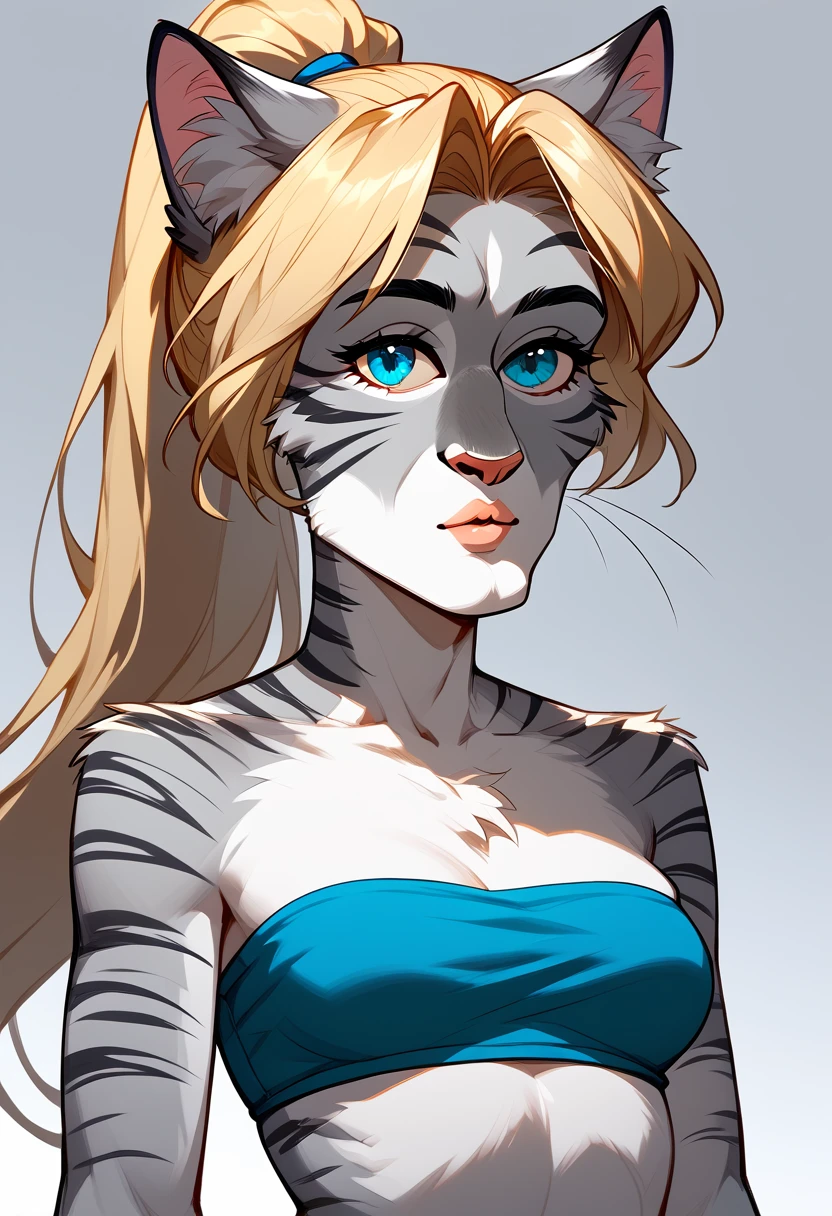 score_9, score_8_up, score_7_up Anthro furry cat girl, handsomize, Kat, silver furry body, grey striped body, blonde hair, blue eyes, hair in a ponytail, wearing blue bandeau, upper body shot, portrait, simple grey background, 