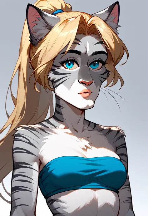 score_9, score_8_up, score_7_up anthro furry cat girl, handsomize, kat, silver furry body, grey striped body, blonde hair, blue ...