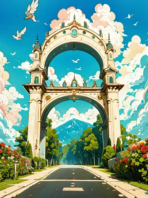 Rose arch corridor with birds flying in the sky