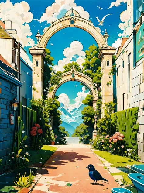 Rose arch corridor with birds flying in the sky