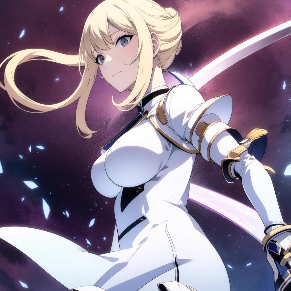 Blonde girl, blue eyes, White dress, katana, smiling, alone, seen from further away, average tits