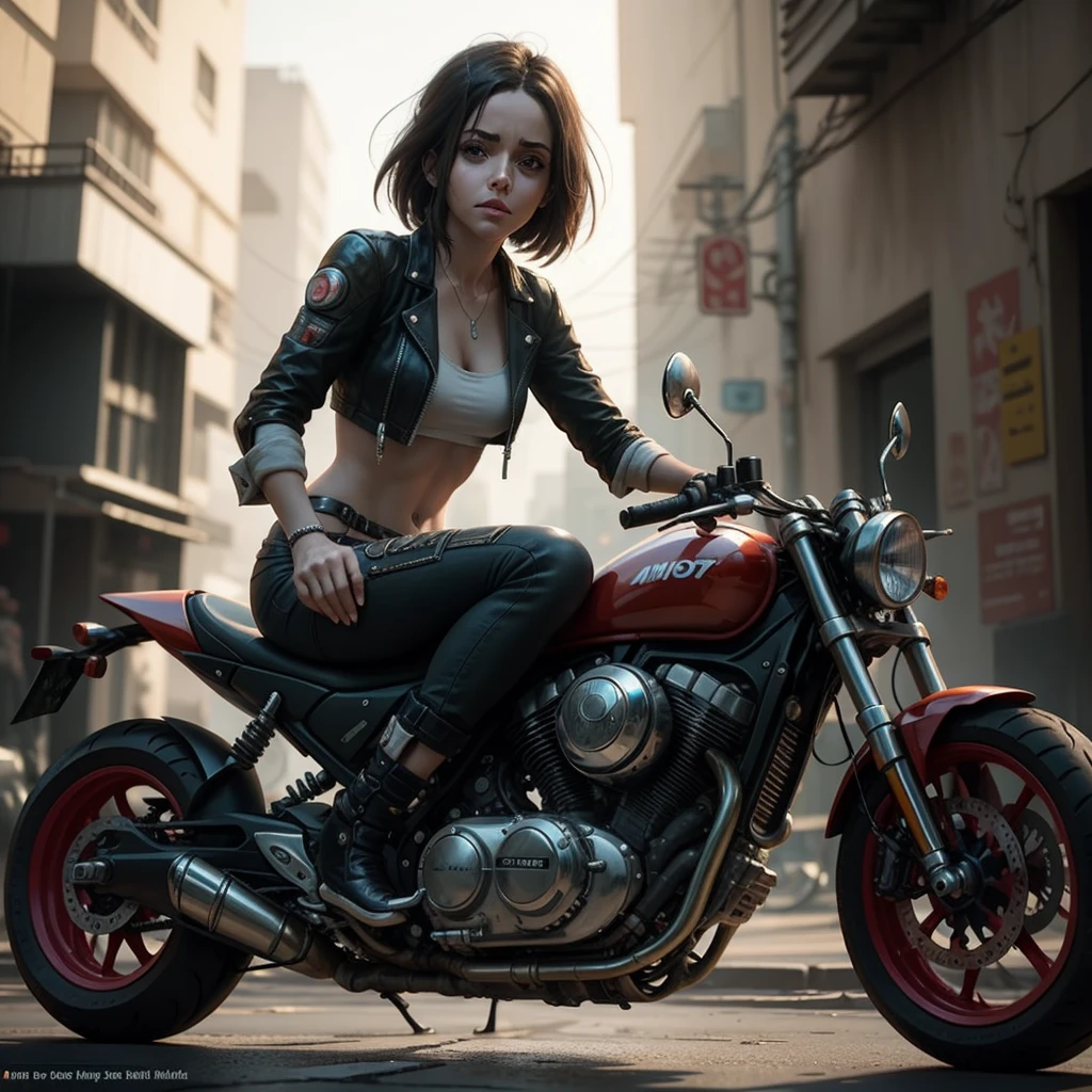 Personaje de niña Alita en una motocicleta cyberpunk.