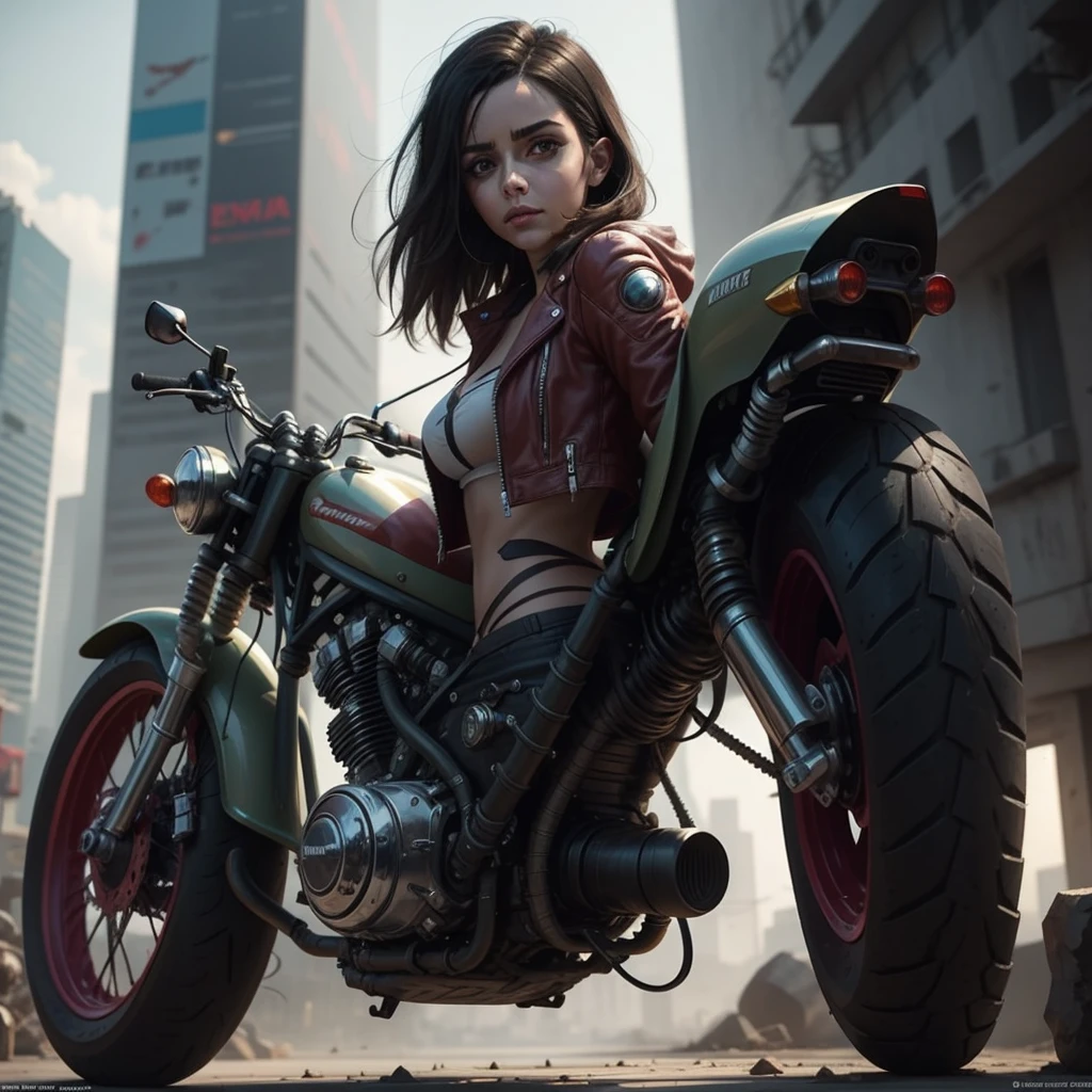 Personaje de niña Alita en una motocicleta cyberpunk.