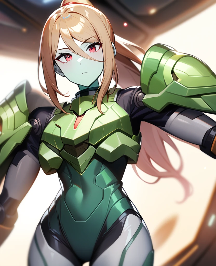 1girl,Samus aran,solo,red eyes,((BROWN hair:1.5)),green power armor,ponytail,((pale green skin)),green chest armor,cowboy shot,in space ship,zero gravity,Science fiction,ultra-detailed,sharp focus,aesthetic,(best quality)