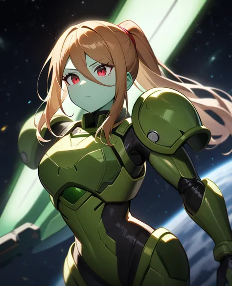 1girl,samus aran,solo,red eyes,((brown hair:1.5)),green power armor,ponytail,((pale green skin)),green chest armor,cowboy shot,i...