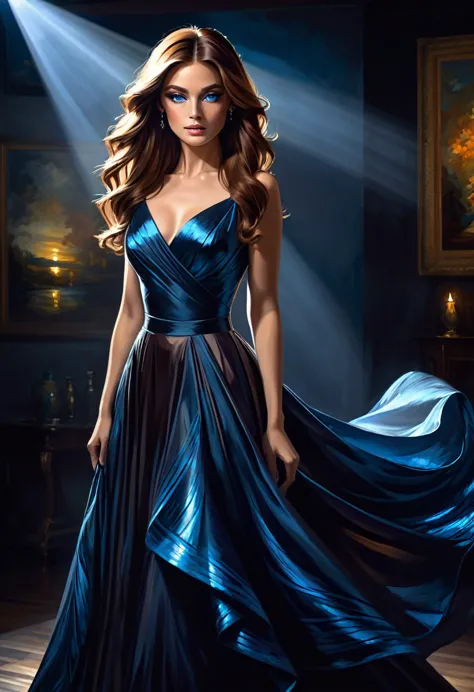 a beautiful woman in an elegant evening dress, long luxurious brown hair, detailed facial features, piercing blue eyes, subtle m...