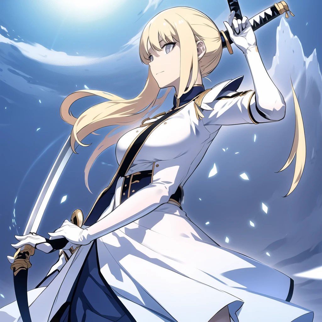 Blonde girl, blue eyes, white dress semi long, one katana hanging on the waist, smiling, alone, seen from further away, average tits, look away, standing, combs her hair with her hand