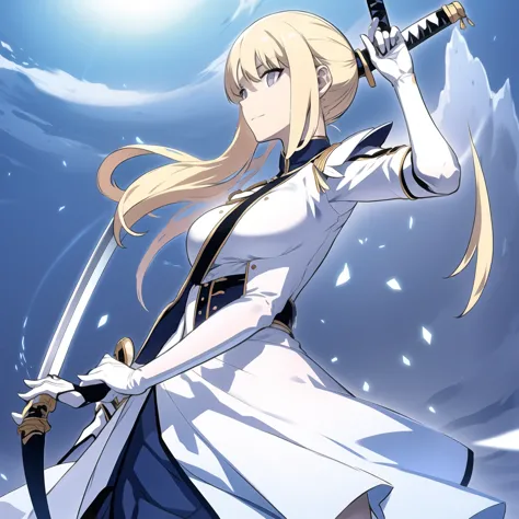 Blonde girl, blue eyes, white dress semi long, one katana hanging on the waist, smiling, alone, seen from further away, average ...