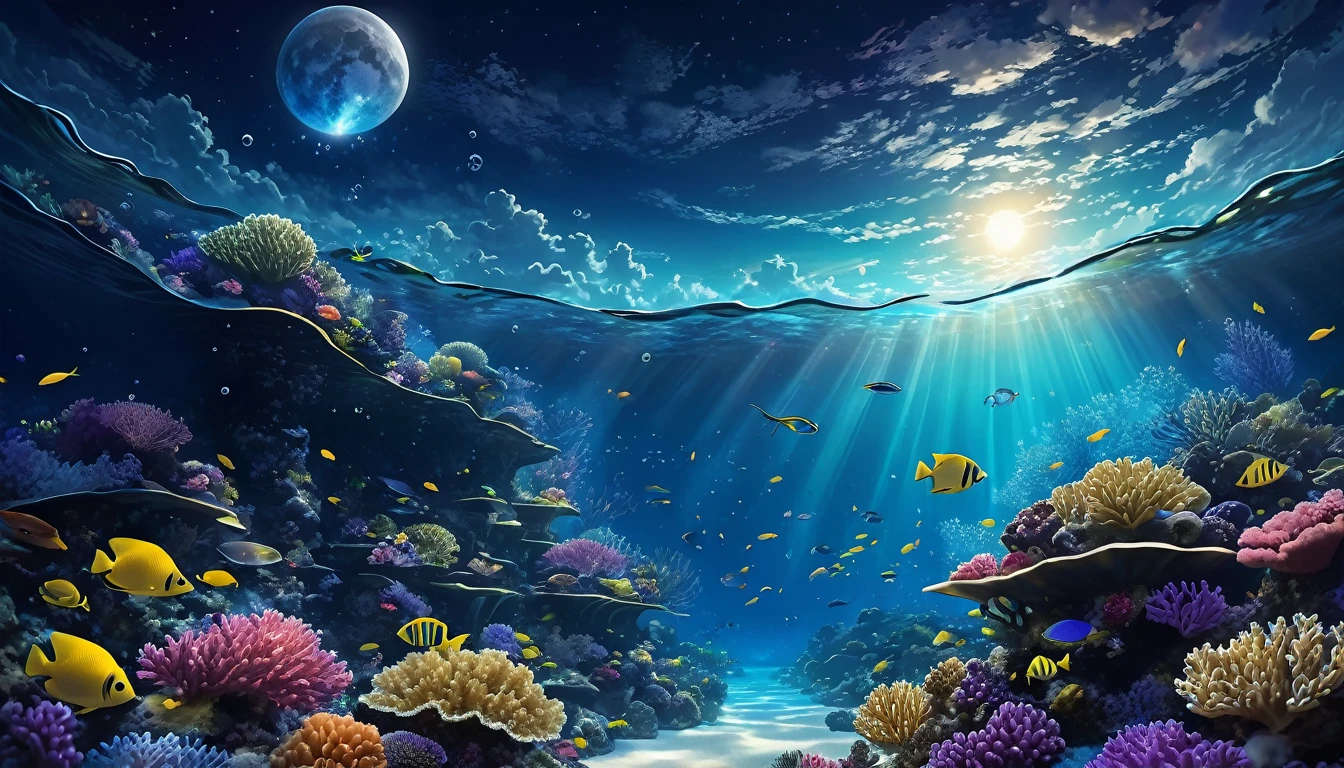 (Underwater: 1.9)，Ocean，Colorful coral reef，School of tropical fish，Light，Bubble，Seaweed，(Shallow sea: 1.4)，Sunlight，Fantasy，Undersea，Floating，Top quality，Masterpiece，Clouds，Colorful，Starry sky，
Create a digital illustration of a landscape, scenery, underwater, with clear and delicate lines. Low-fi, moonlight light reaching down to the water, the scene is cozy and warm with beautiful night scenery and moonlight. The lighting should be soft and golden like colorful flowers, and the art style should be detailed like fantasy art with accurate depiction of delicate and fine lines. The overall look should be clear and dreamy atmosphere. Focus on a magical and enchanting environment. No land part is required, only underwater. People are not allowed, no people in the photo.