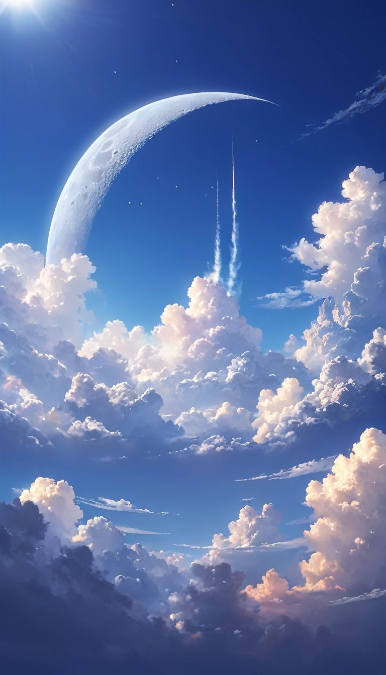 아침, 파란 하늘, 구름, 경치, 달의 릴 위에서