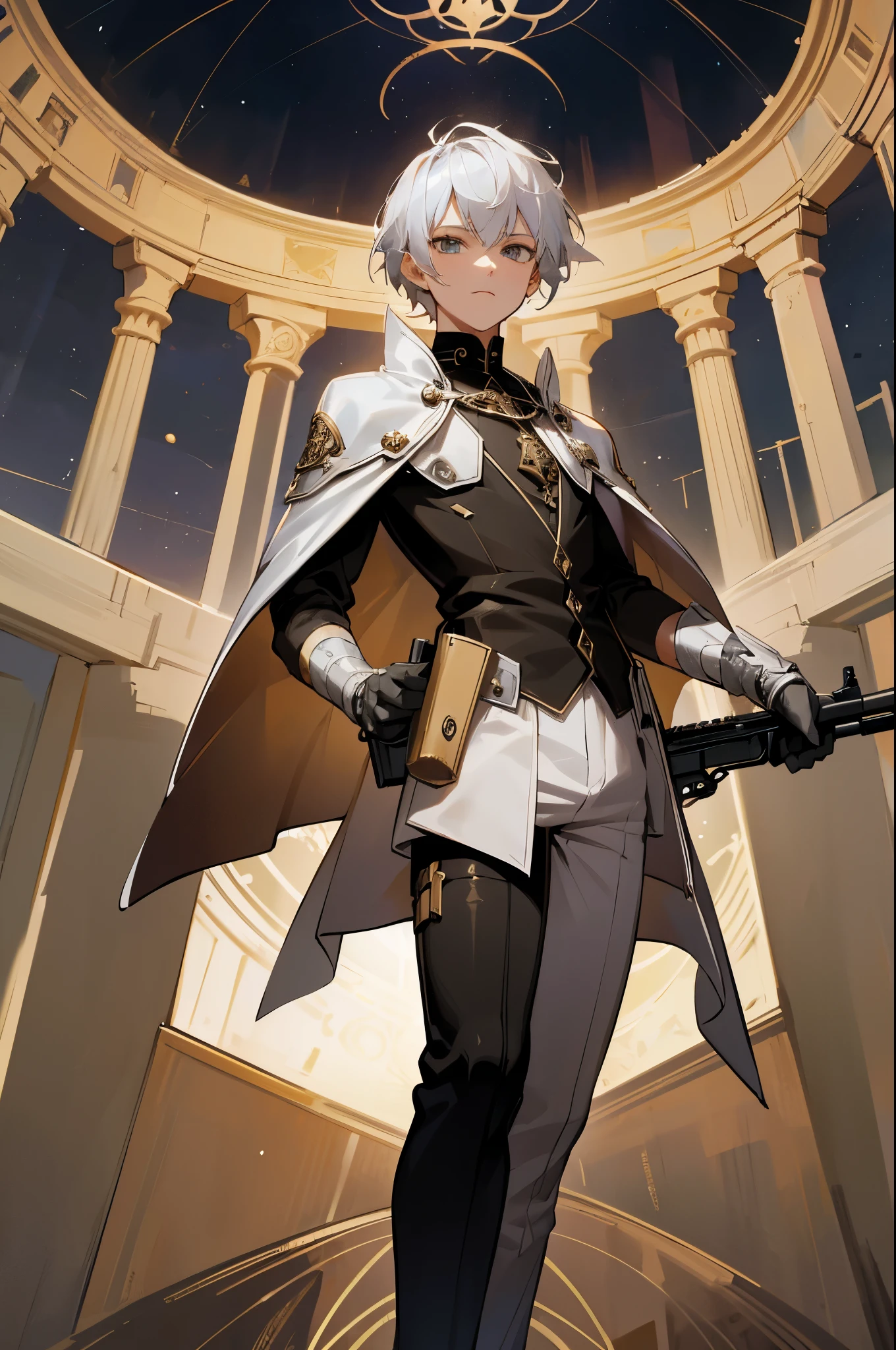 (absurdres, highres, ultra detailed, HDR), masterpiece, best quality, solo, a boy holding gun, magic gun, intricate gun, handsome, short hair, white hair, leather outfit, BREAK, Detailed face, dark persona, light persona, fractal, full body, ceiling, artistic background, Bio-luminescence, geometric, Organic, blessing, favor, exalted, fantasy, celestial, sublime, noble, unfolding, unraveling, spiritual, dignified, magic circle, look at viewer
