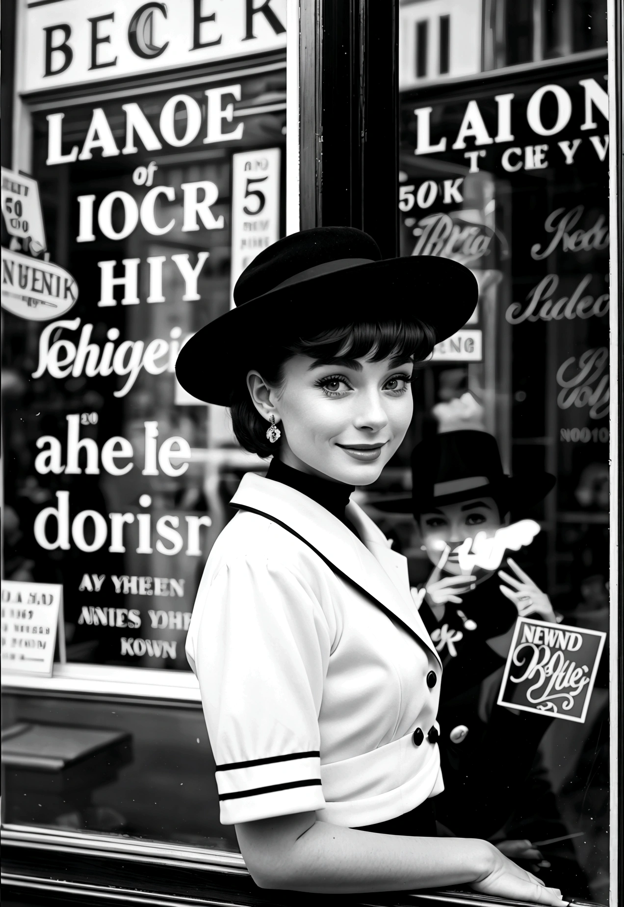 Fotografia de uma mulher olhando chapéus da vitrine de uma loja de chapéus da rua, 20 anos de idade, que se parece com Audrey Hepburn: cabelo curto e escuro, olhos grandes e expressivos e um sorriso elegante e sóbrio, na cidade de Nova York no ano de 1950. olhos perfeitos, nariz perfeito, boca perfeita, fotografia preto e branco dos anos 50&#39;s, 8K, fotografia realista --semente 1751055599