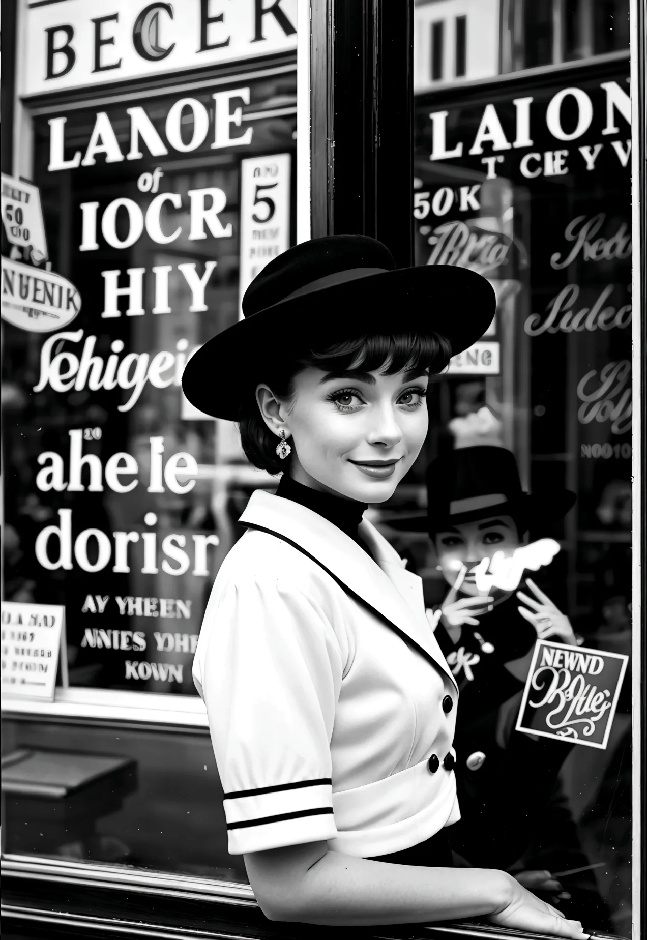 Photograph of a woman looking at hats from the window of a hat shop from the street, 20 years old, que se parece a Audrey Hepbur...
