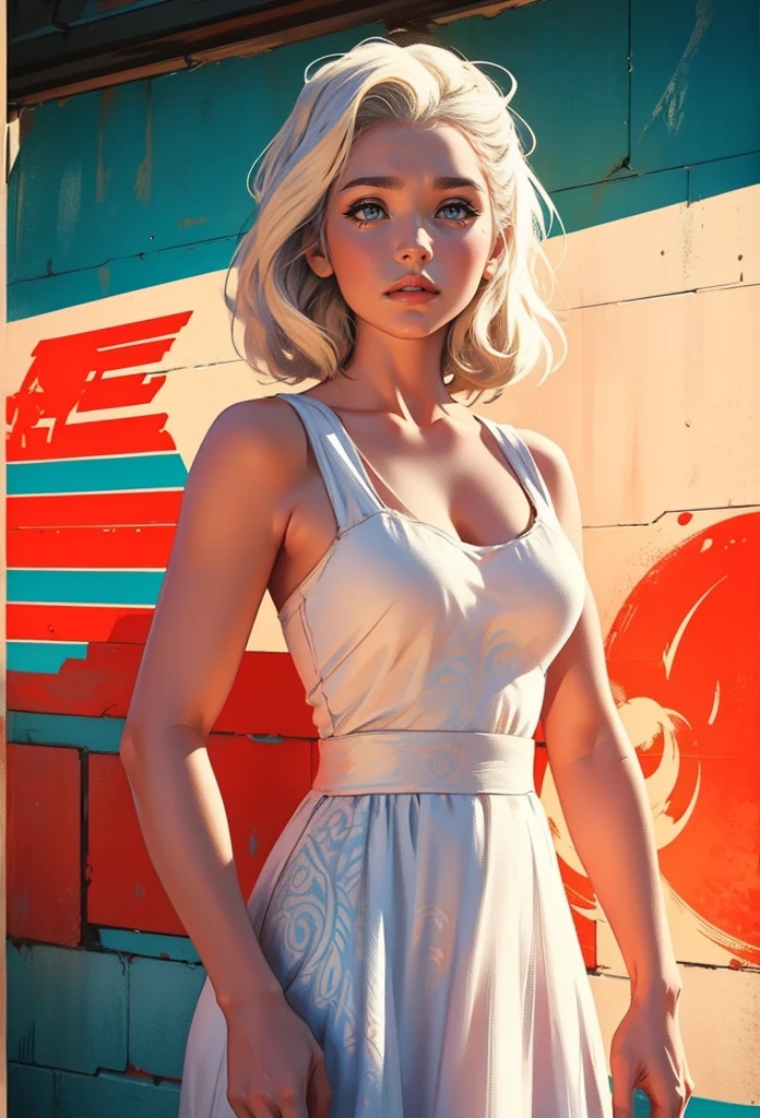 old retro poster, USSR, Soviet Union, neon, photo shoot, Daenerys Targaryen, with short white wavy hair, expressive breasts, in a white sundress with a pattern of colors on the fabric, fashionista, 80s, realistic