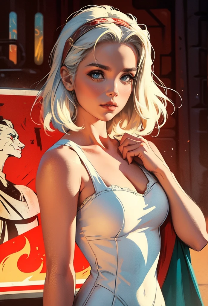 cartaz retrô antigo, URSS, União Soviética, néon, sessão de fotos, Daenerys Targaryen, com cabelos curtos e brancos ondulados, seios expressivos, em um vestido de verão branco com um padrão de cores no tecido, fashionista, 80s, realista